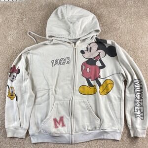 Disney Mickey Mouse Zip Up Hoodie Cream Graphic 1928 Minnie Pluto Womens L